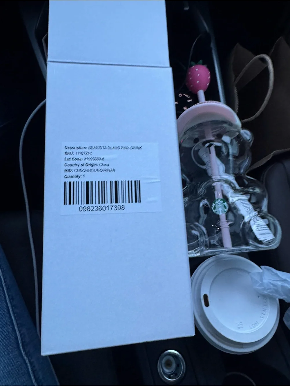 Starbucks Clear Bear Tumbler with Pink Strawberry Hat and Straw